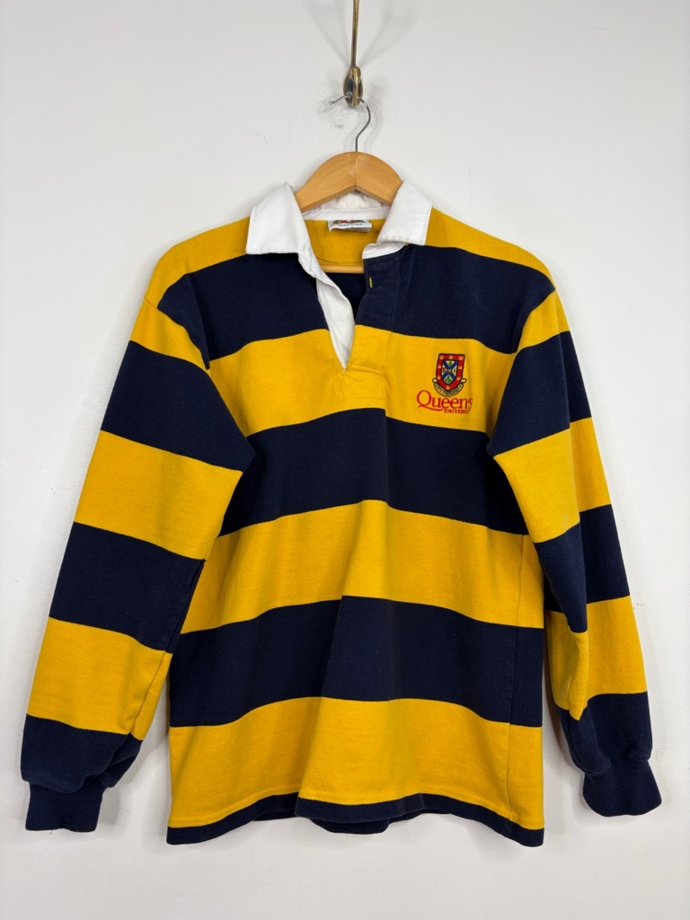 Barbarian Rugby Shirt Mens Small Queens University Blue Yellow Stripe Polo
